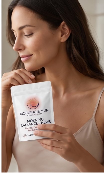 Woman holding Morning & Mūn Radiance Chews